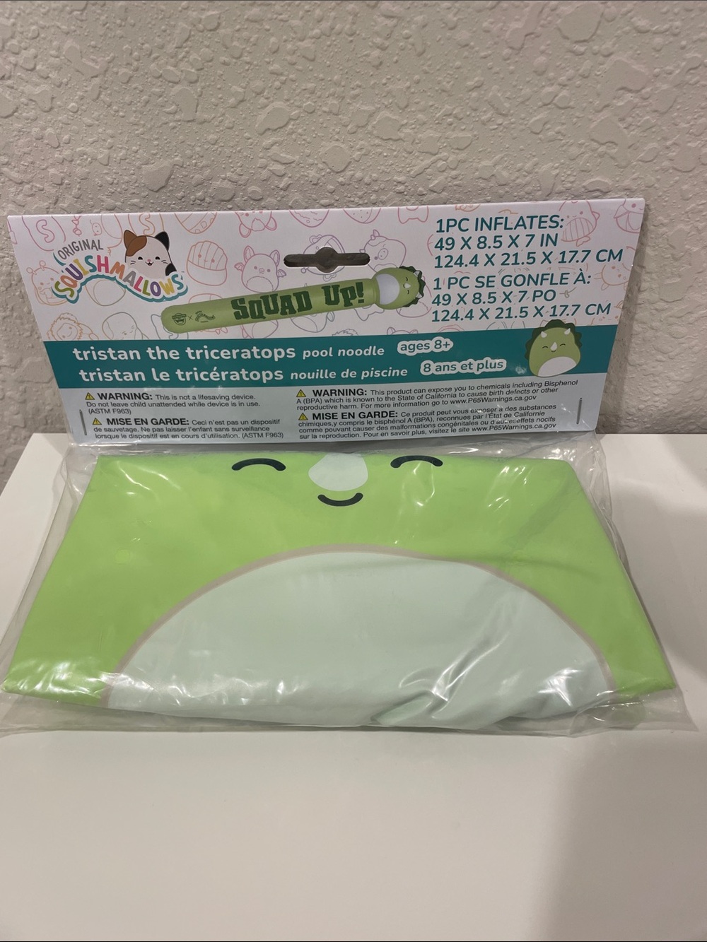 Squishmallows Tristan Triceratops Pool Noodle Light Green and White NWT Ages 8+